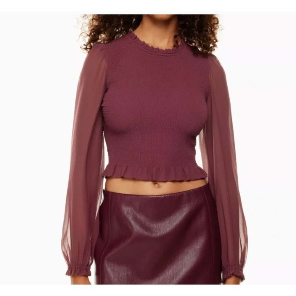 Aritzia Wilfred Free Tempest Blouse Burgundy Smocked Sheer Sleeve Crop Top XS